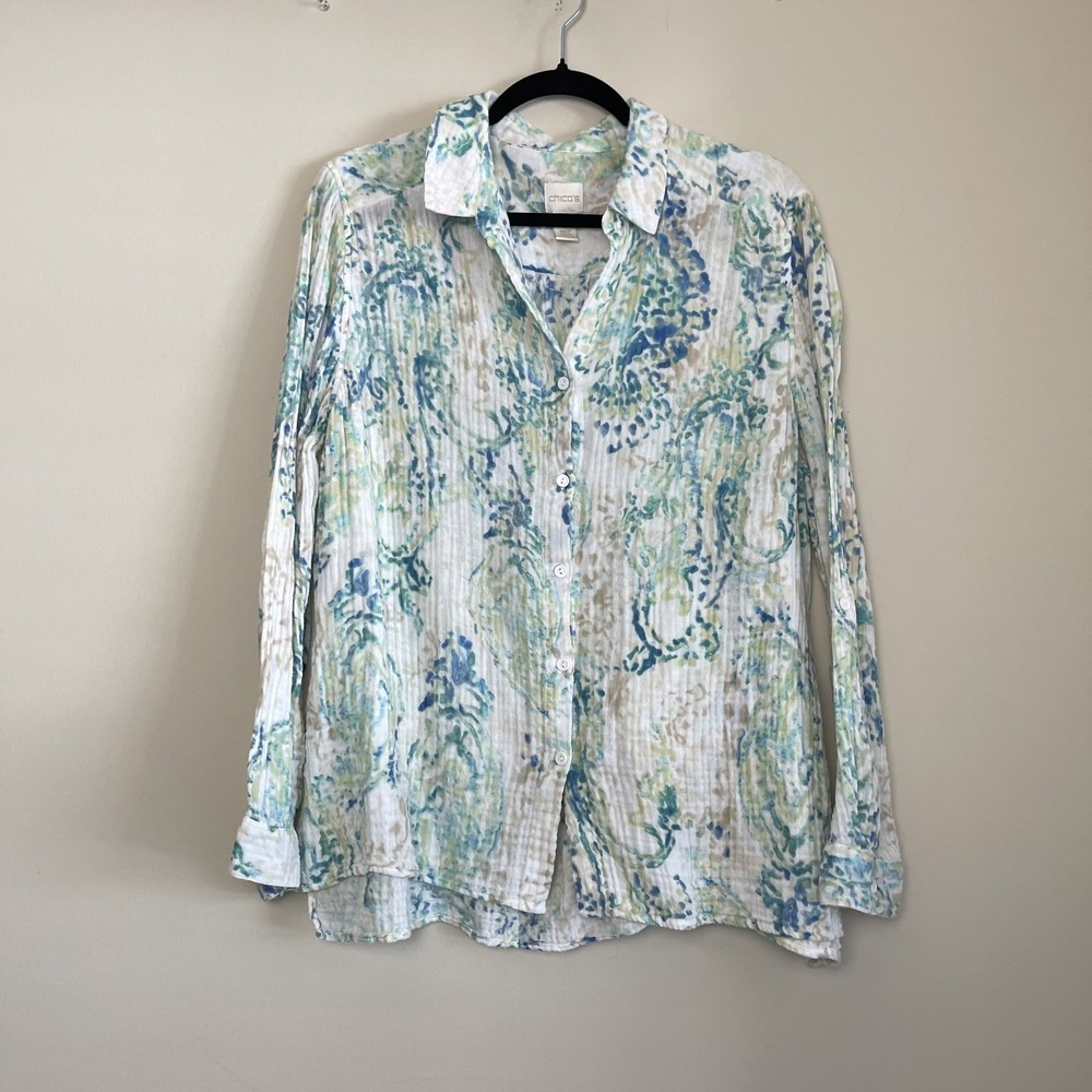 Chico's Cotton Guaze Watercolor Button Up Collared Shirt‎ Women's Sz 3 (XL)